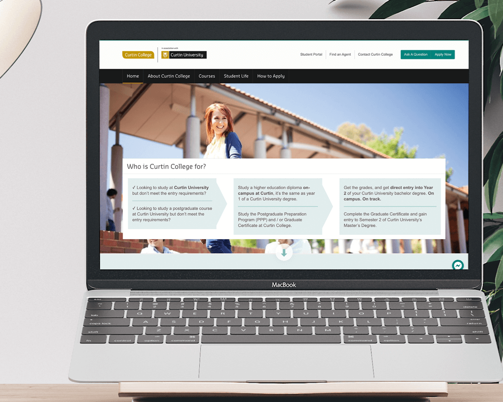Mockup of Curtin College website, web design for education