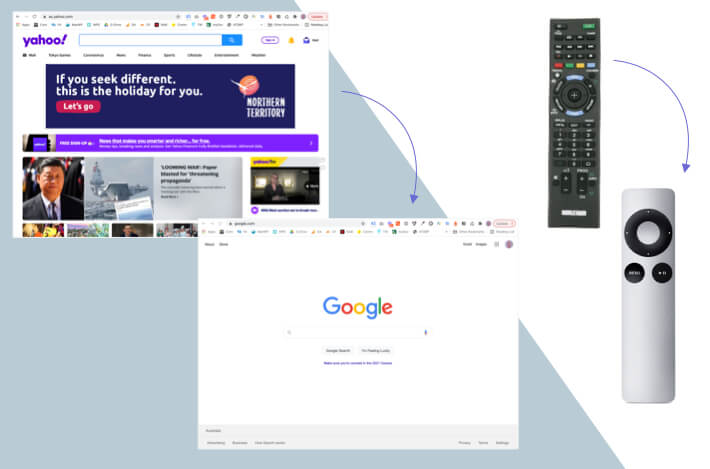 Busy Yahoo & Minimal Google home page. Sony remote with lots of buttons, minimal Apple remote.